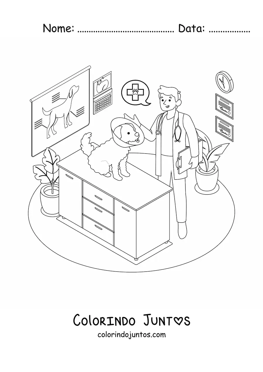 Desenho para colorir de um cachorro e um veterinário na clínica