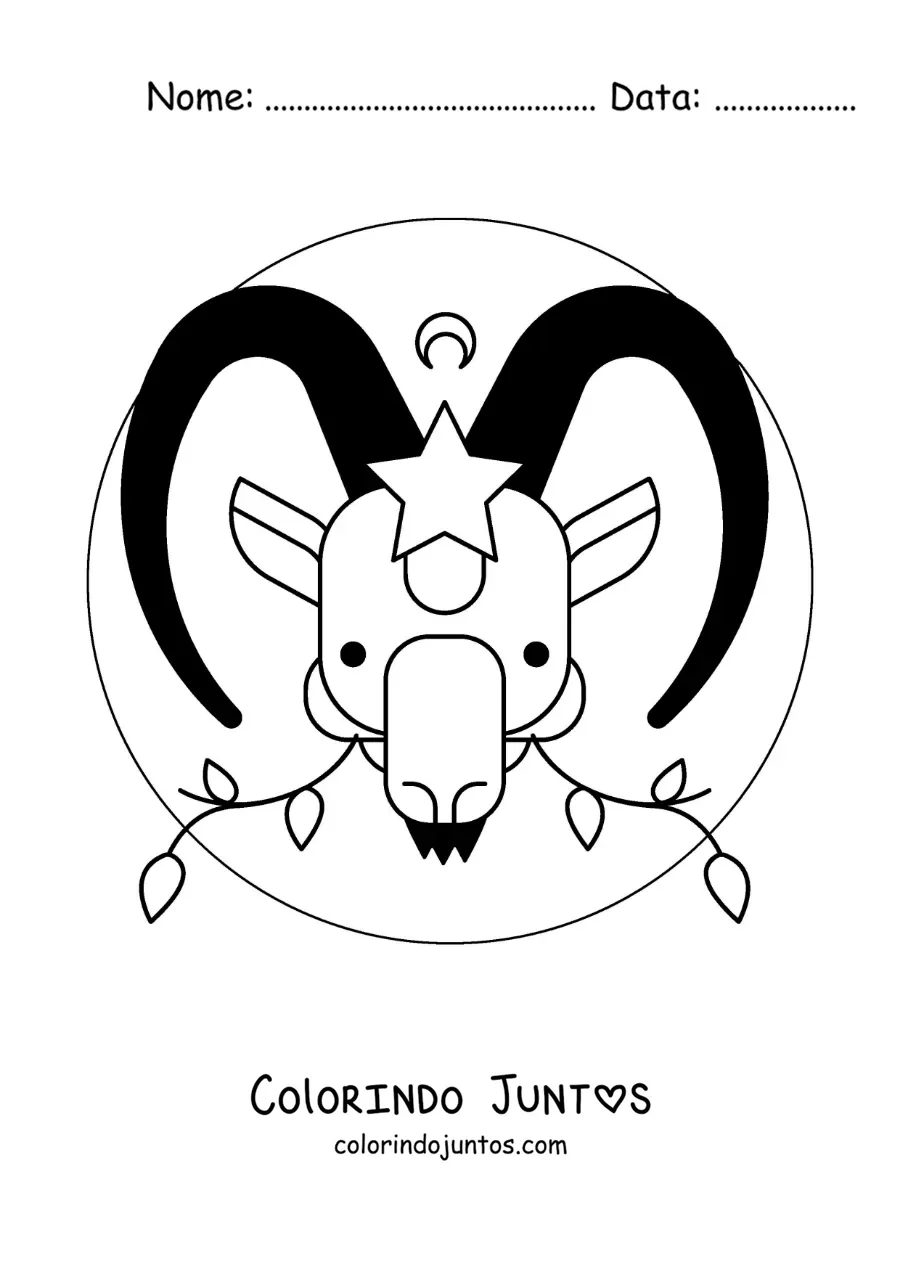 Desenho para colorir de cabra animada de Capricórnio com estrelas e folhas