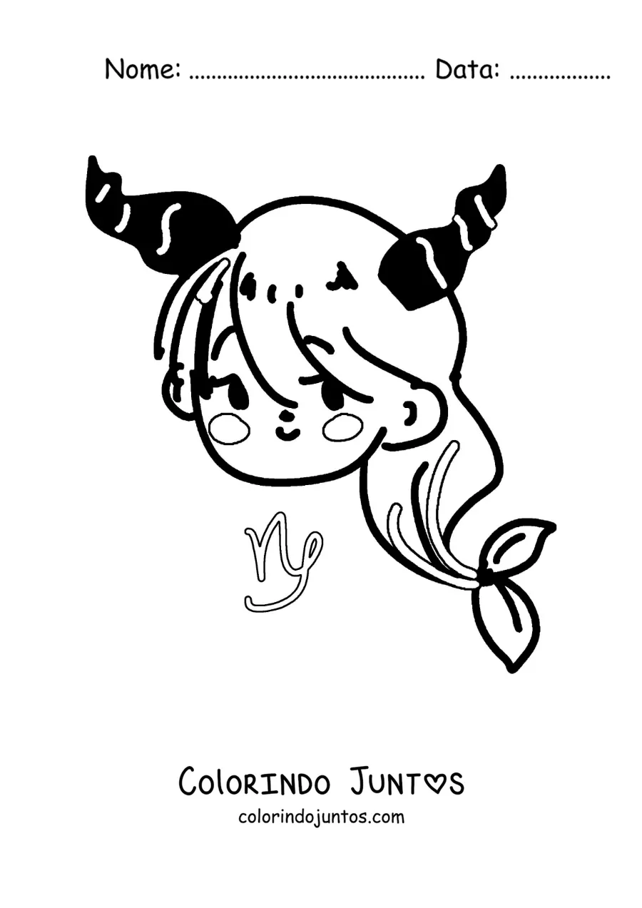 Desenho para colorir de cabra kawaii animada do signo de Capricórnio com o seu símbolo