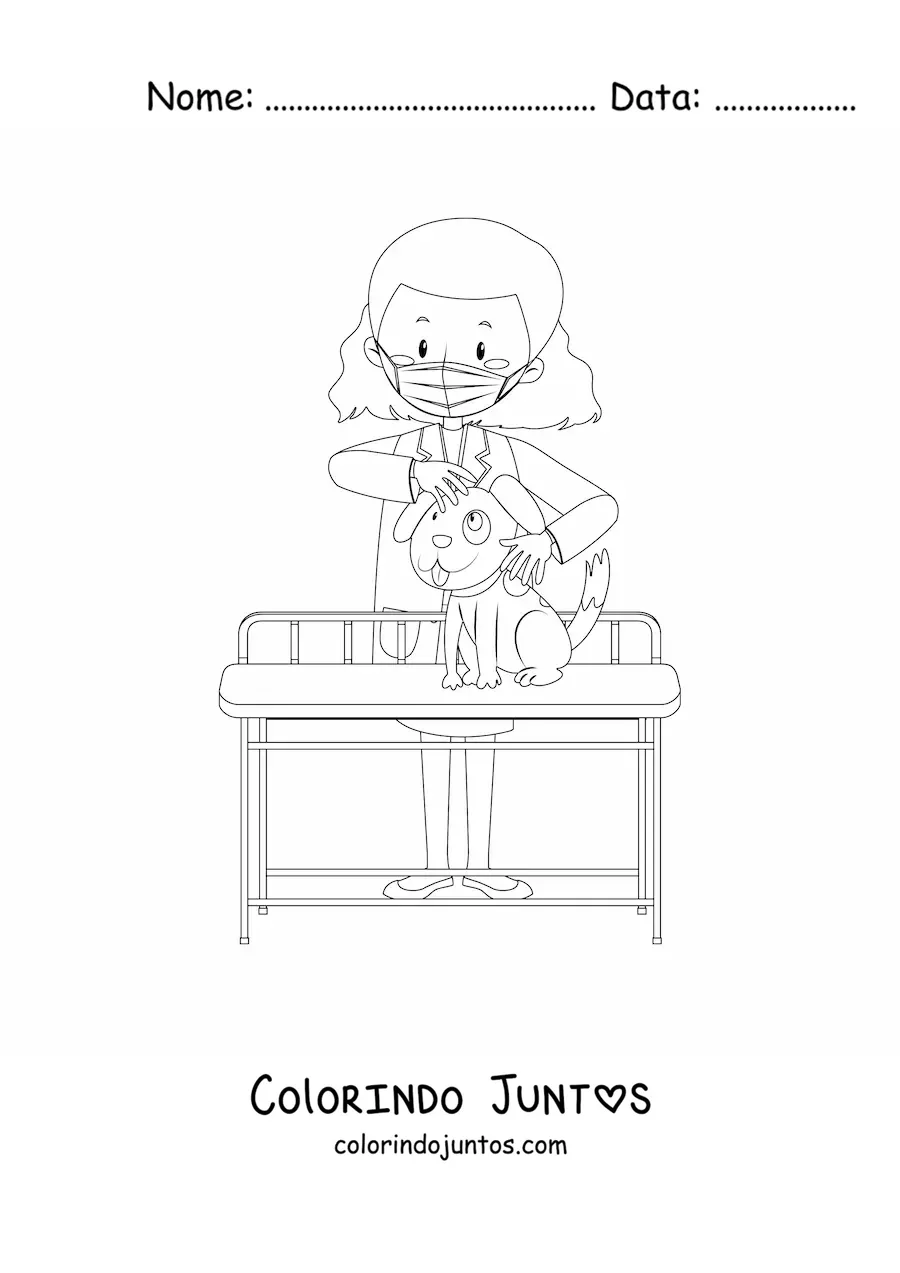 Desenho para colorir de uma veterinária com máscara examinando um cachorro