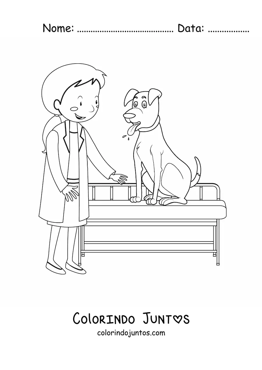 Desenho para colorir de uma veterinária com um cachorro em uma maca