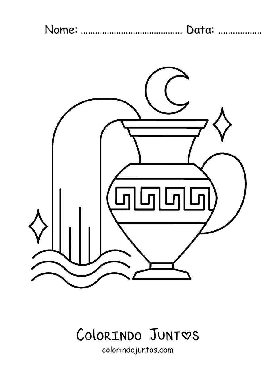 Desenho para colorir de jarra do signo de Aquário animada com uma lua