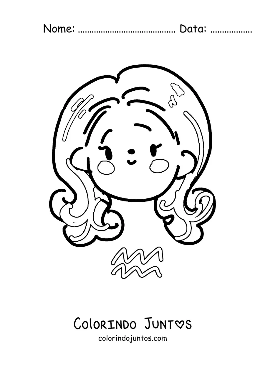 Desenho para colorir de uma menina kawaii animada do signo de Aquário