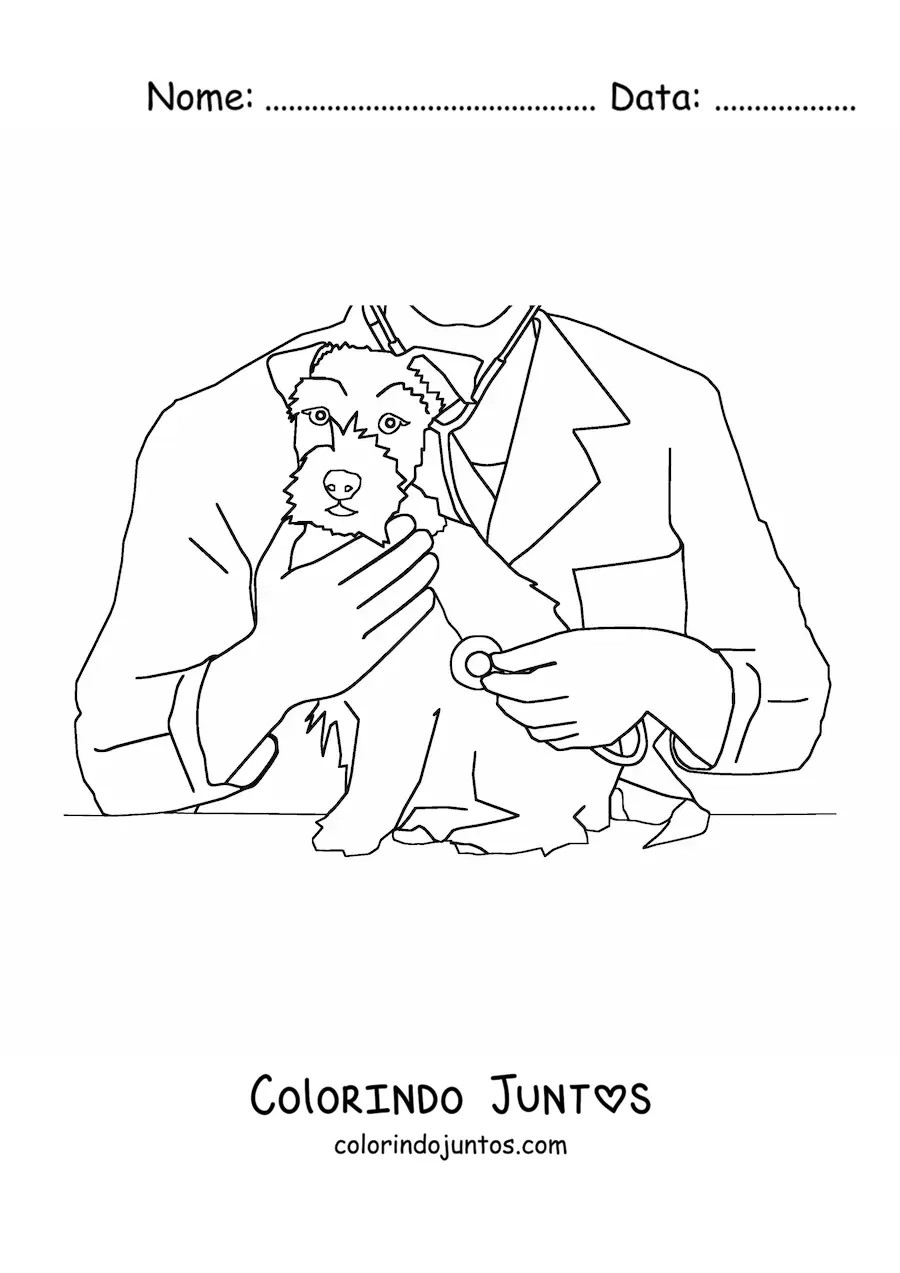 Desenho para colorir de um veterinário auscultando um cachorro