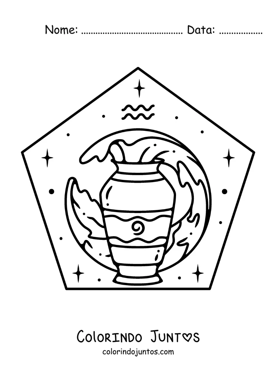 Desenho para colorir de uma jarra com água com o símbolo de Aquário