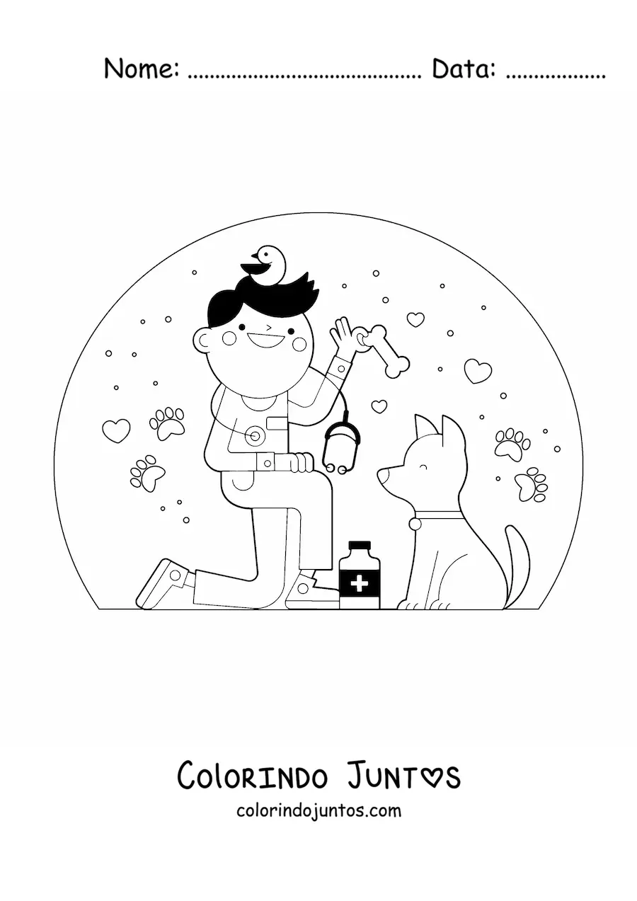 Desenho para colorir de um veterinário animado ao lado de um cachorro