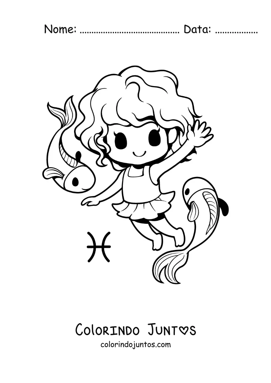 Desenho para colorir de menina kawaii animada do signo de Peixes com dois peixes
