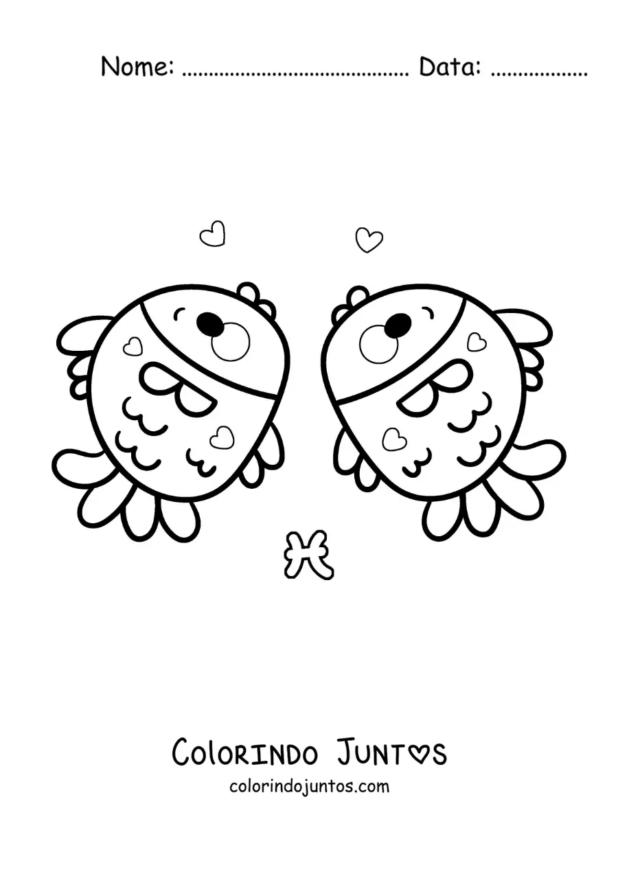 Desenho para colorir de dois peixes do signo de Peixes kawaii