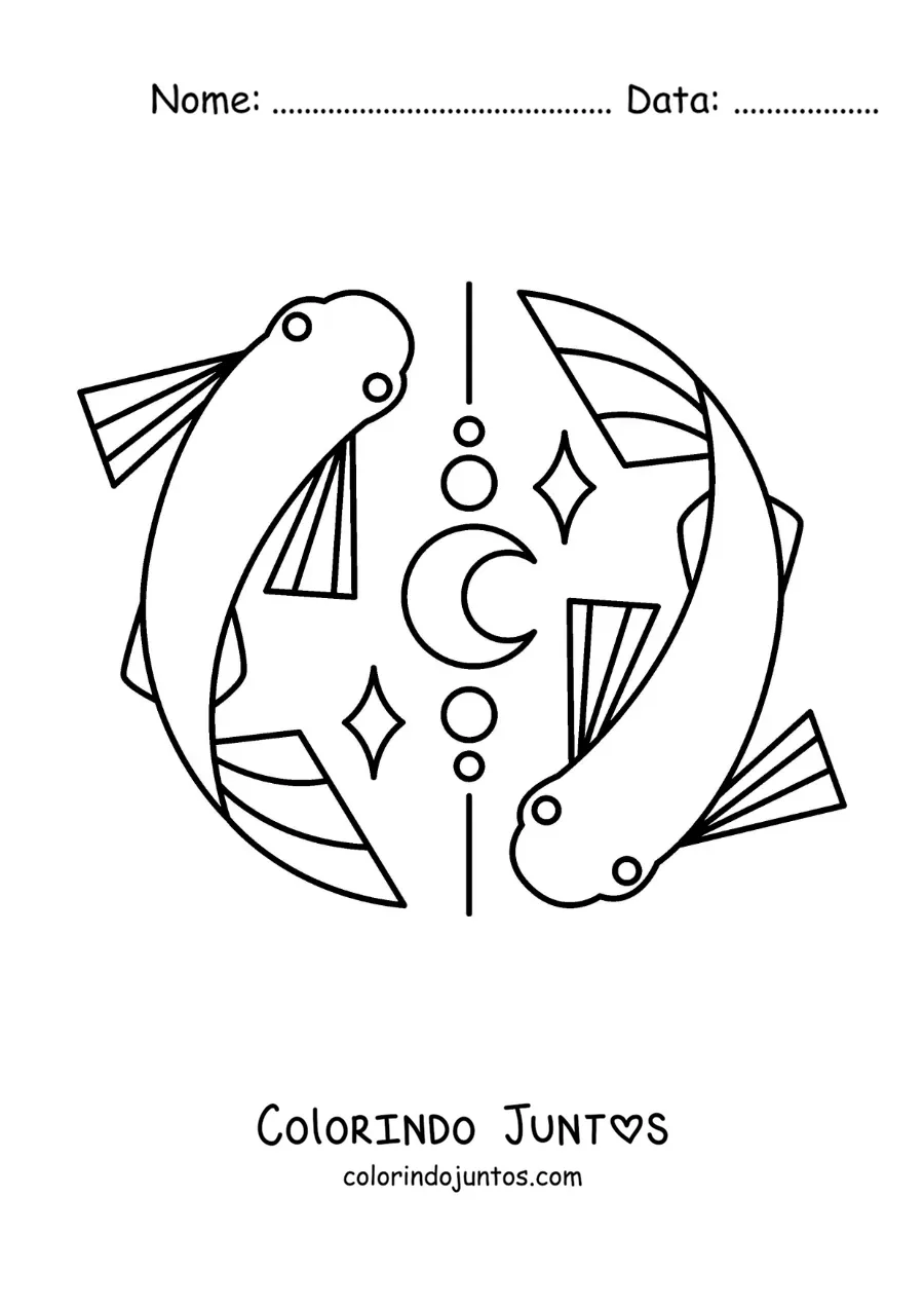 Desenho para colorir dos peixes do signo de Peixes animados com uma lua