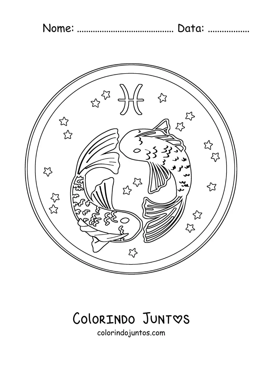 Desenho para colorir dos peixes de Peixes animados com estrelas e o seu símbolo