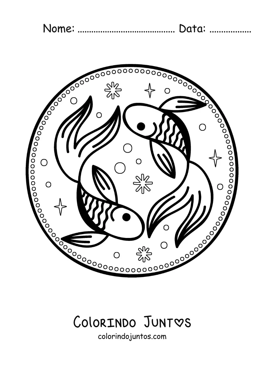 Desenho para colorir de dois peixes do signo de Peixes animados com estrelas para crianças