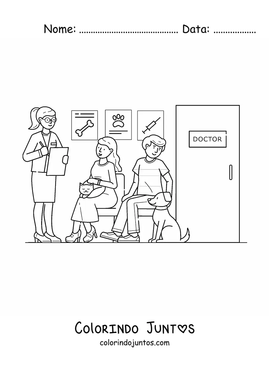 Desenho para colorir de pacientes na sala de espera de uma clínica veterinária