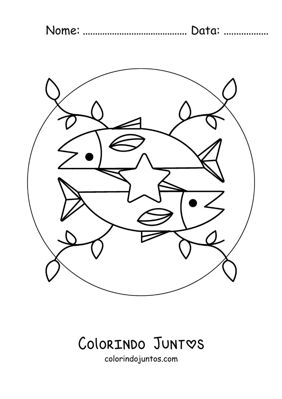 Desenho para colorir de símbolo do signo de Peixes animado com folhas