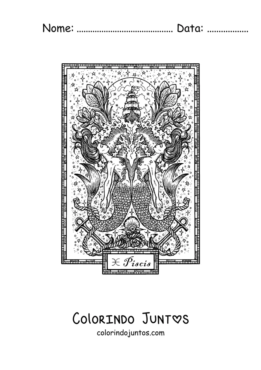 Desenho para colorir de carta do signo de Peixes