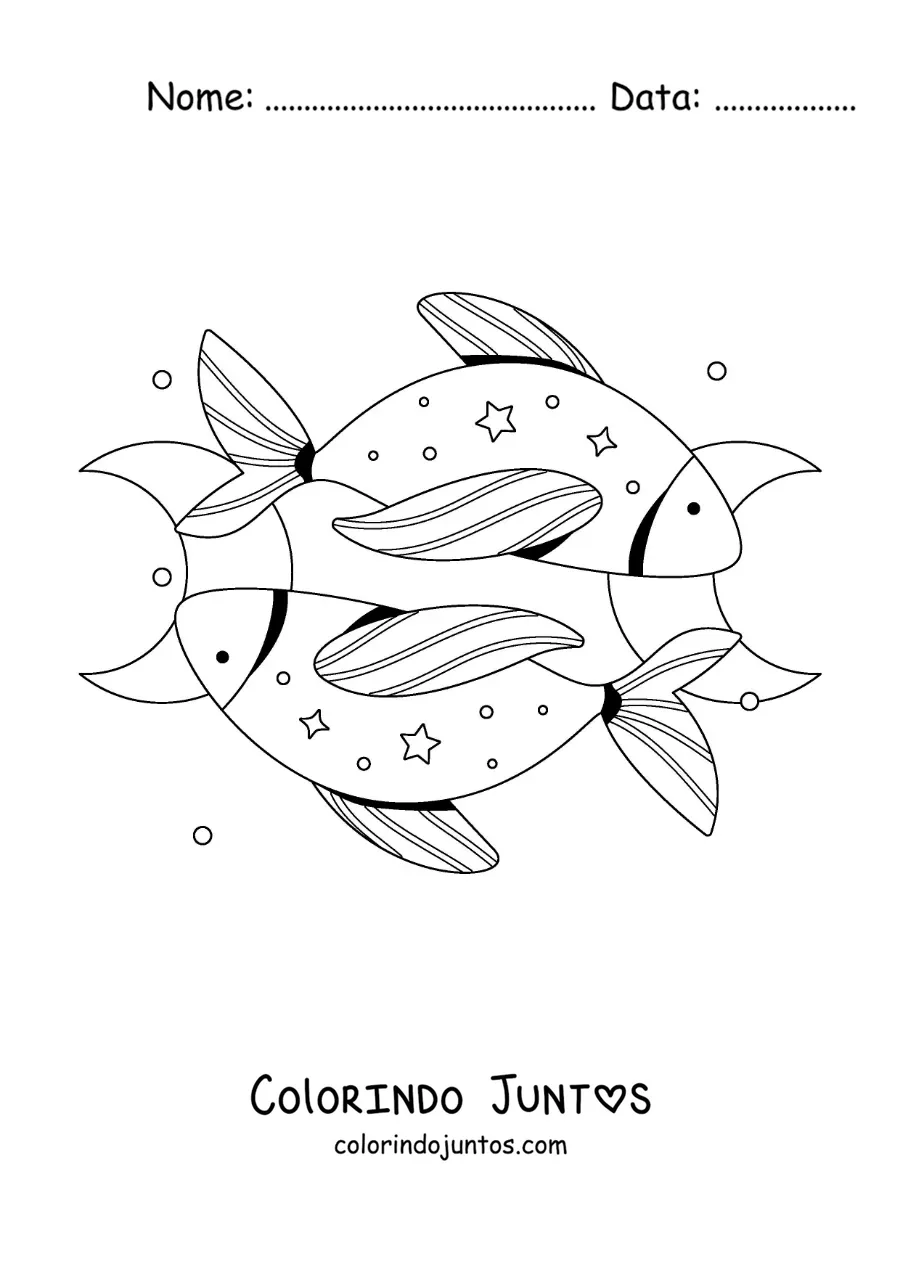 Desenho para colorir dos dois peixes do signo de Peixes com estrelas