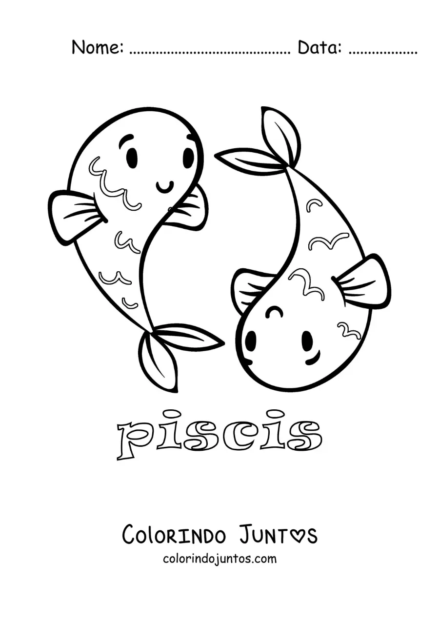 Desenho para colorir do signo de Peixes com o seu nome para crianças
