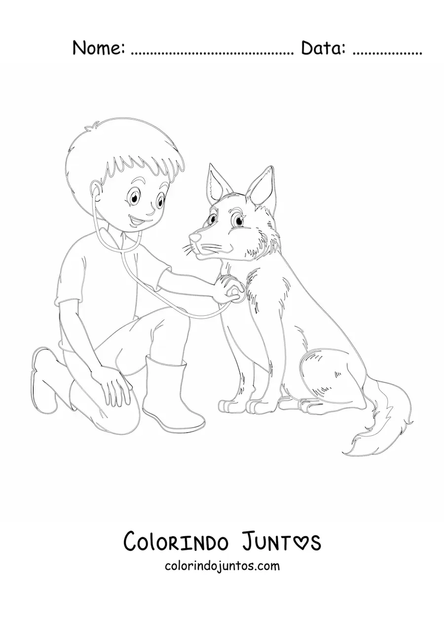 Desenho para colorir de um menino vestido de veterinário auscultando um cachorro