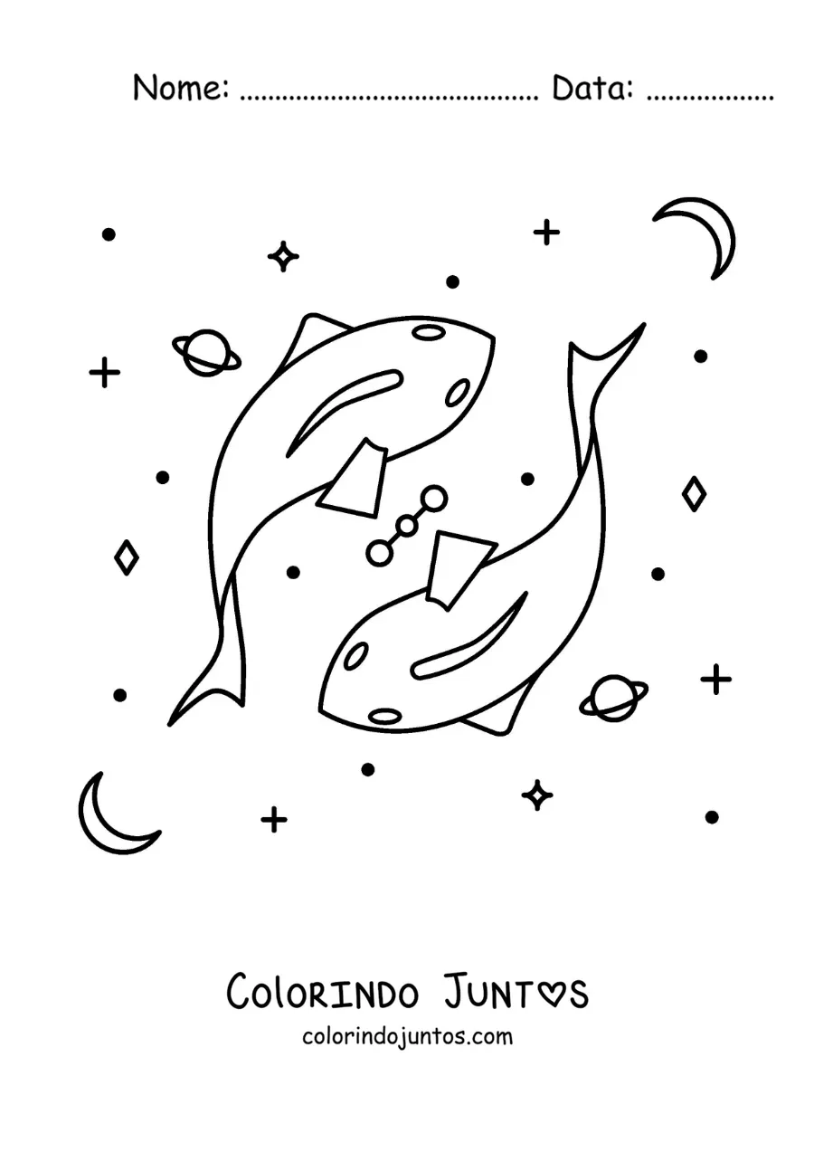 Desenho para colorir de símbolo do signo zodiacal de Peixes com astros