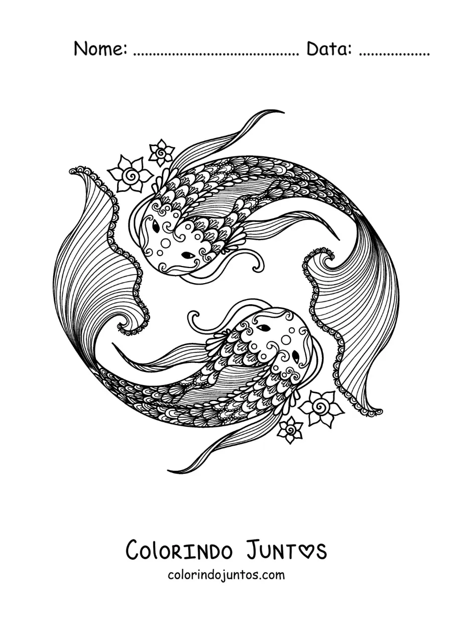 Desenho para colorir de símbolo do signo zodiacal de Peixes com flores