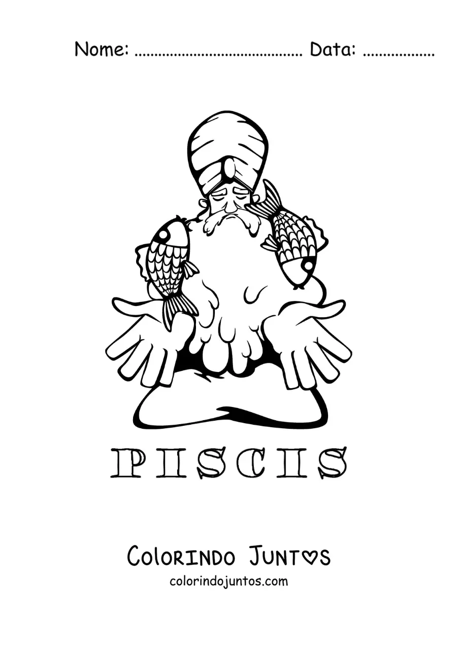 Desenho para colorir para crianças de um mago do signo de Peixes com o seu nome