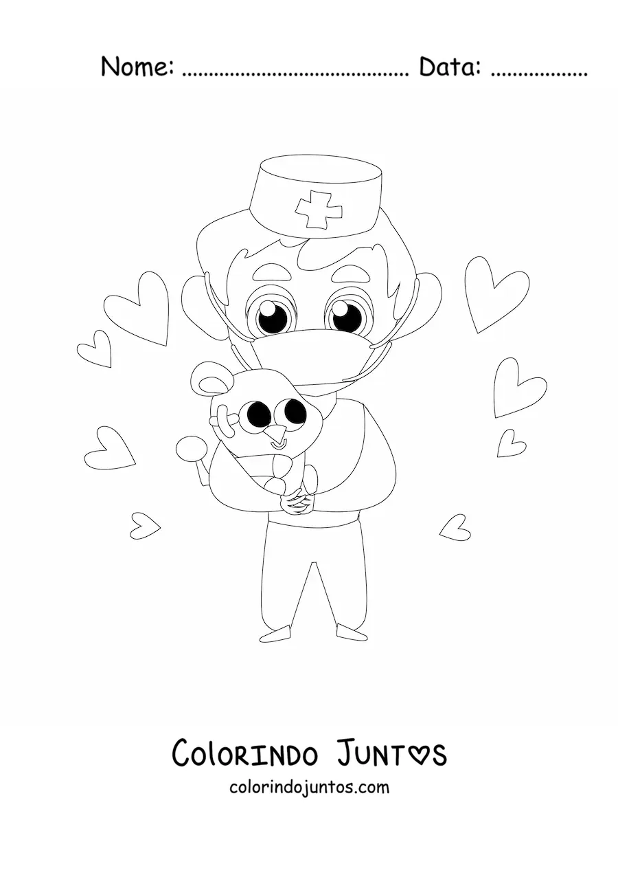 Desenho para colorir de um veterinário animado carregando um coala