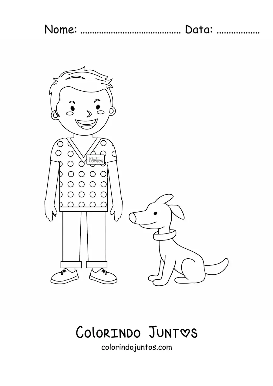 Desenho para colorir de um veterinário animado ao lado de um cachorro