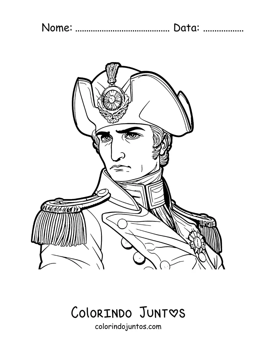 Desenho para colorir de retrato realista de Napoleão Bonaparte com o seu chapéu