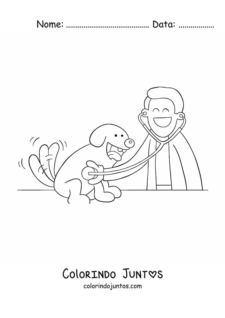Desenho para colorir de um veterinário animado examinando um cachorro