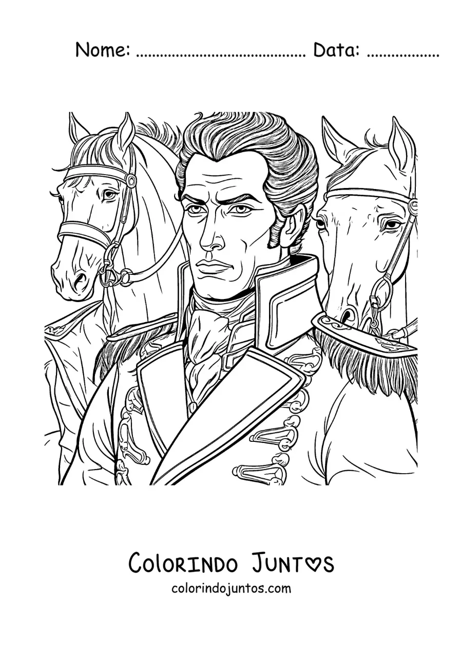 Desenho para colorir de Simón Bolívar em uma batalha com cavalos