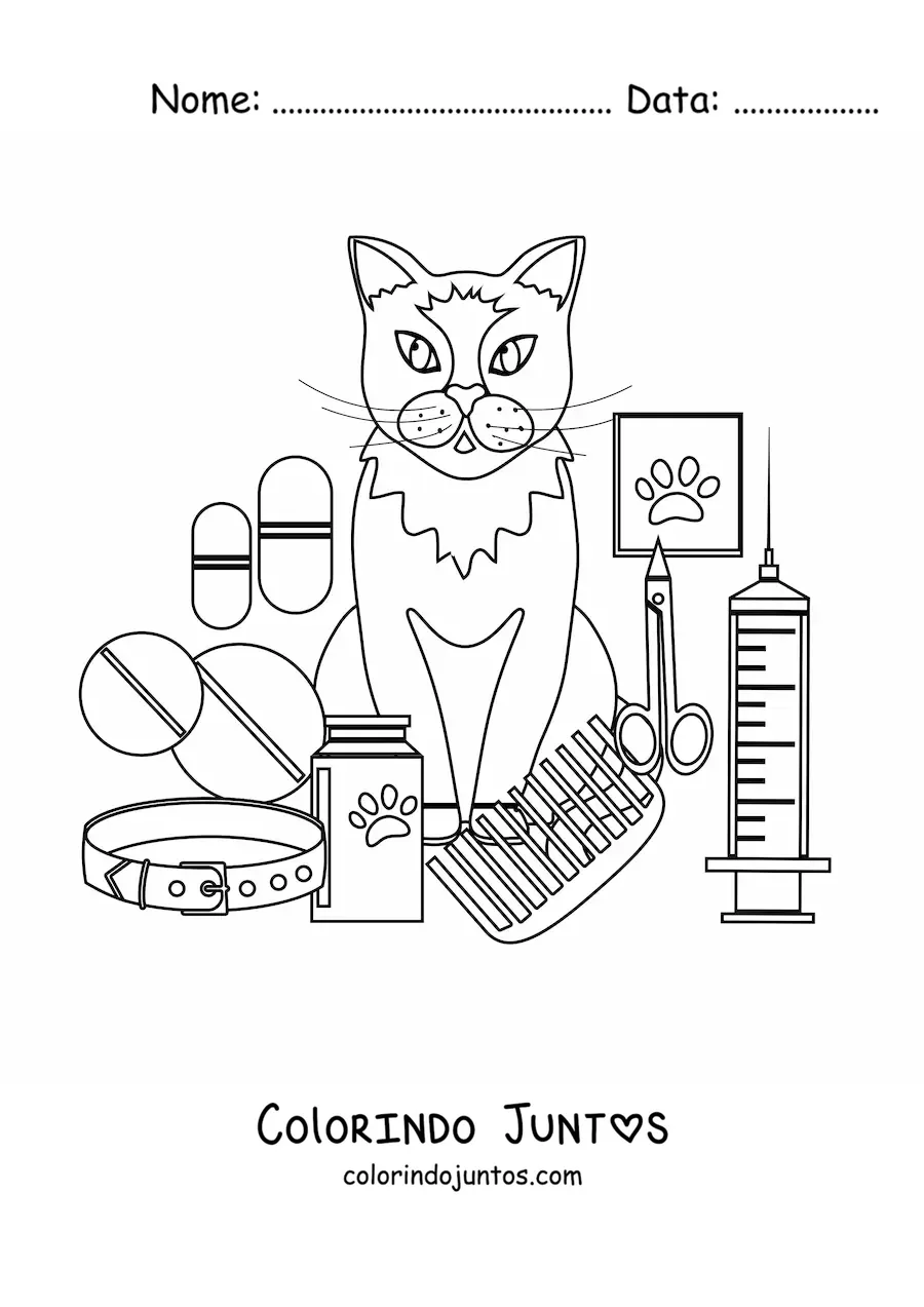 Desenho para colorir de um gato ao lado de instrumentos do veterinário