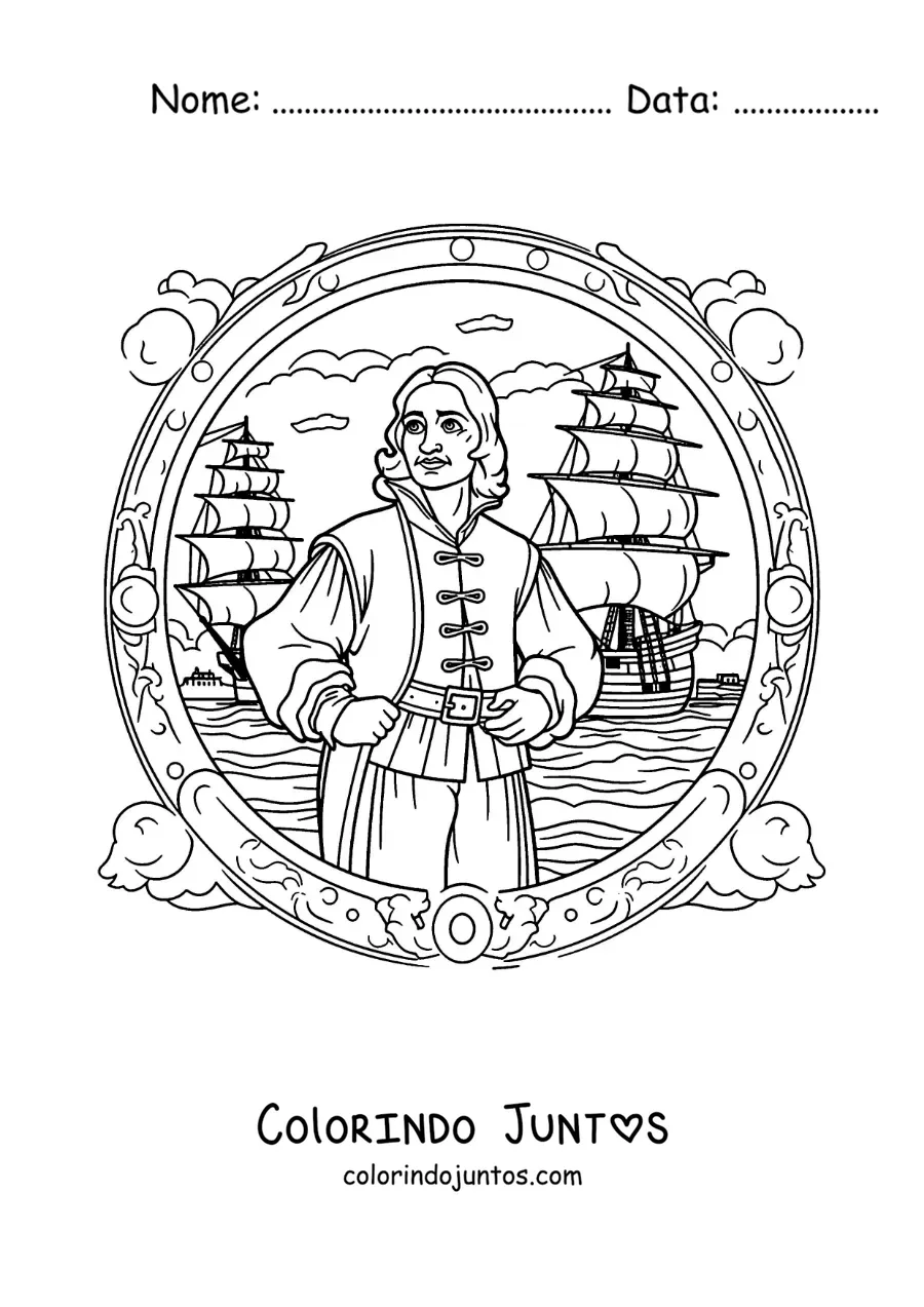 Desenho para colorir de Cristóvão Colombo animado com as caravelas