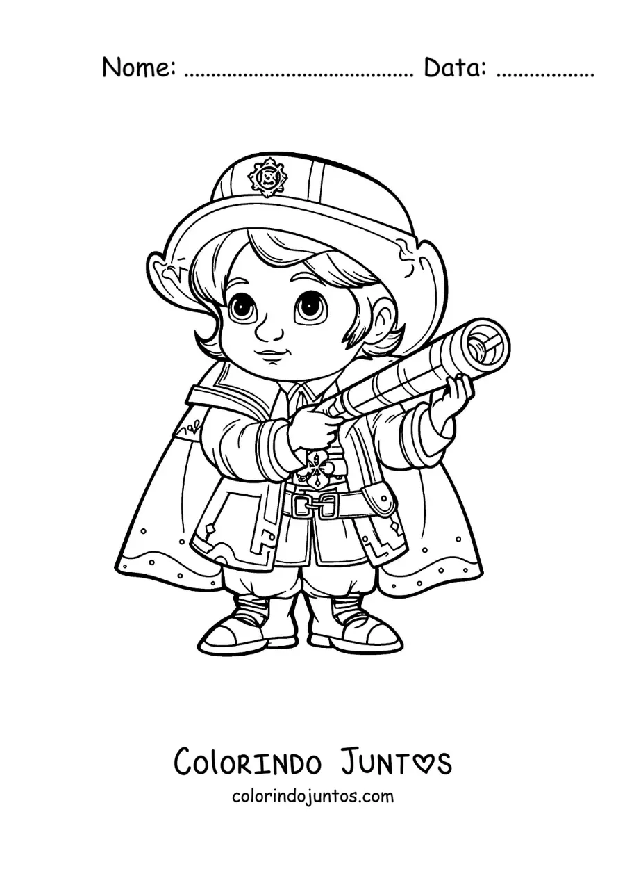 Desenho para colorir de um menino kawaii vestido de Cristóvão Colombo