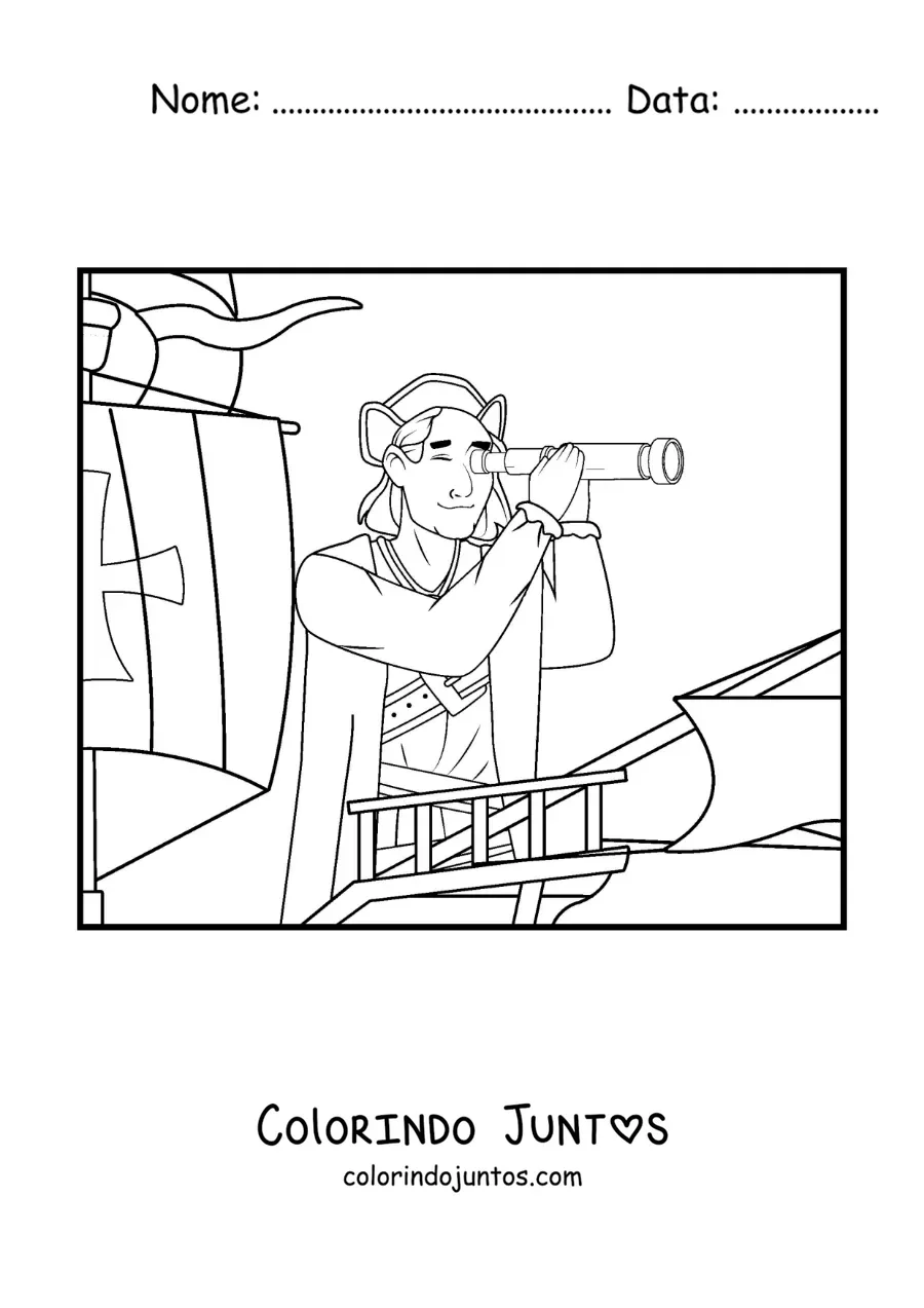 Desenho para colorir de Cristóvão Colombo animado com a sua luneta