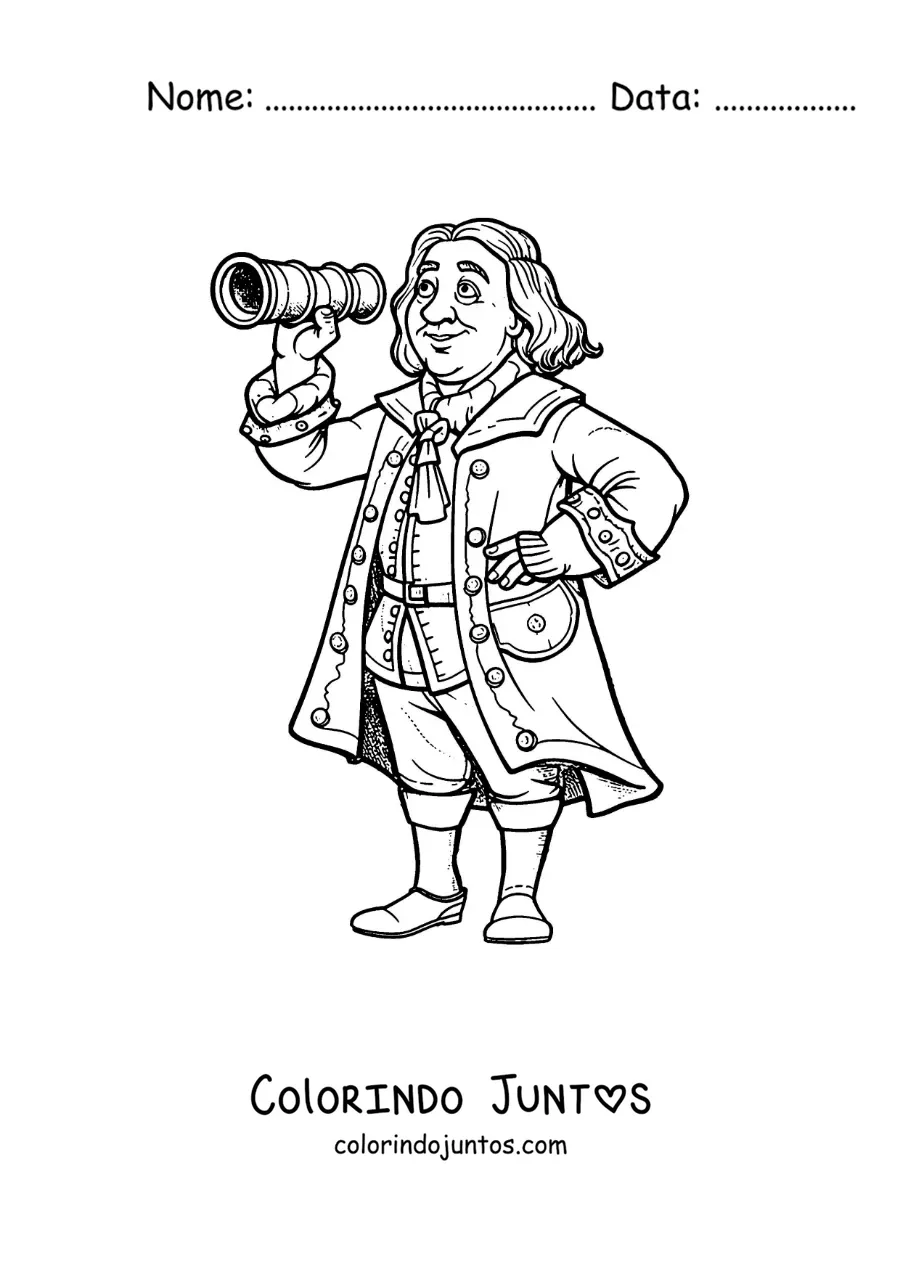 Desenho para colorir de Cristóvão Colombo animado observando por uma luneta