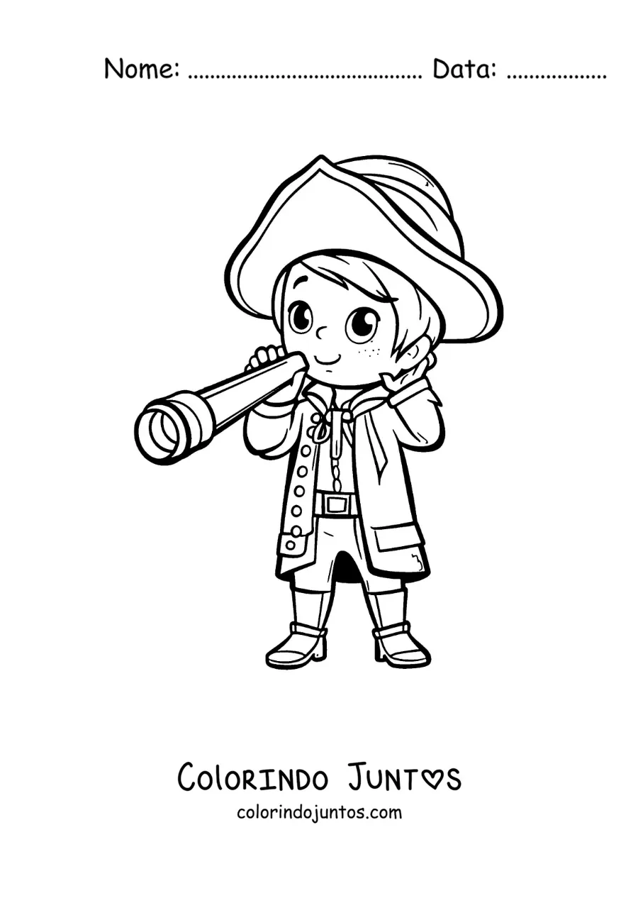 Desenho para colorir de Cristóvão Colombo kawaii com uma luneta