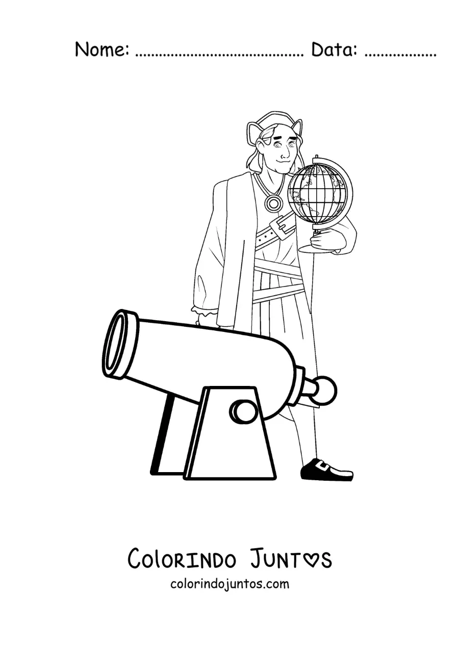 Desenho para colorir de Cristóvão Colombo animado com um canhão e um globo terrestre