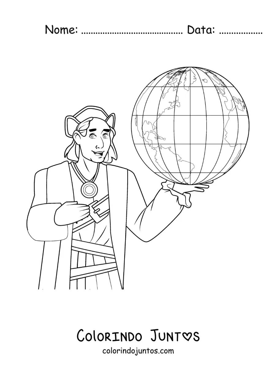 Desenho para colorir de Cristóvão Colombo animado com um globo terrestre