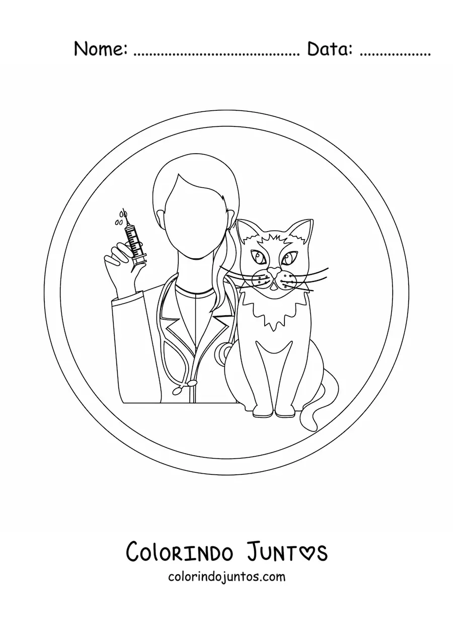 Desenho para colorir de uma veterinária e um gato