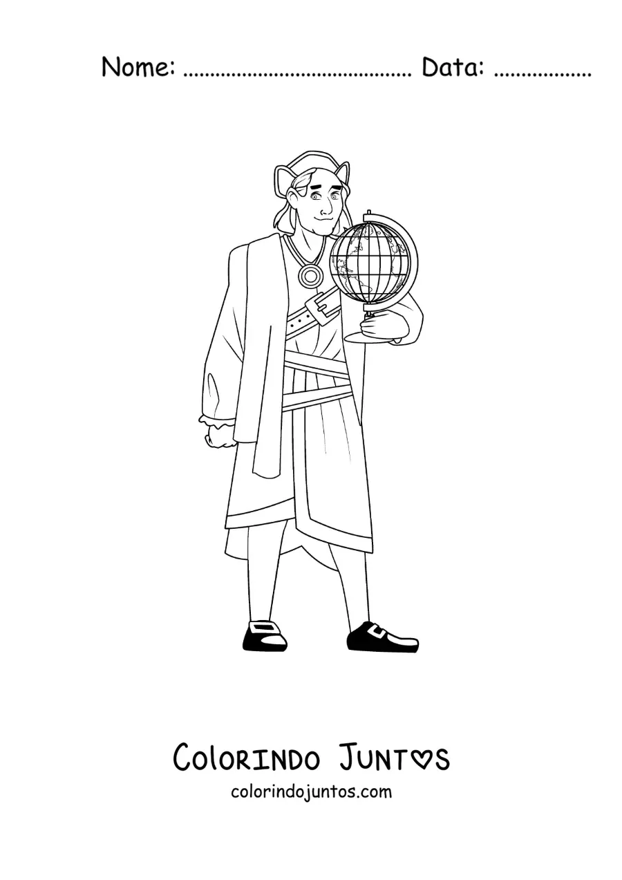 Desenho para colorir de Cristóvão Colombo com um globo terrestre
