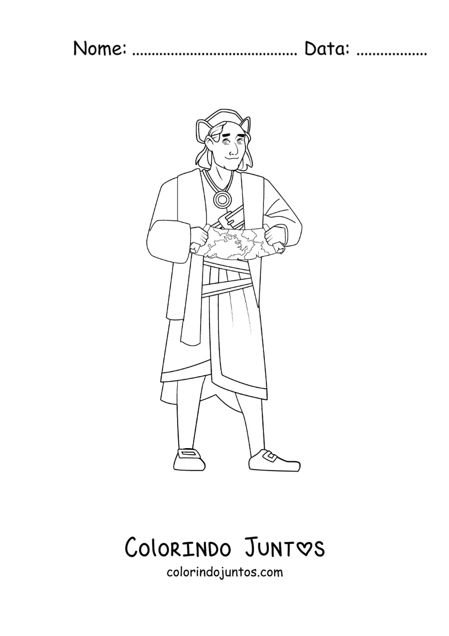 Desenho para colorir de Cristóvão Colombo animado com um mapa