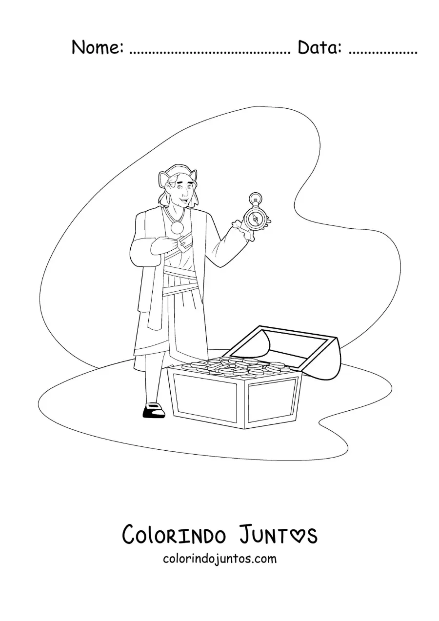 Desenho para colorir de Cristóvão Colombo animado com um tesouro