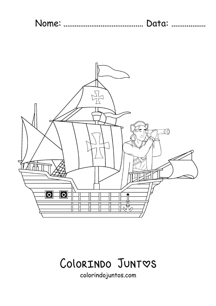 Desenho para colorir de Cristóvão Colombo chegando à América em seu navio