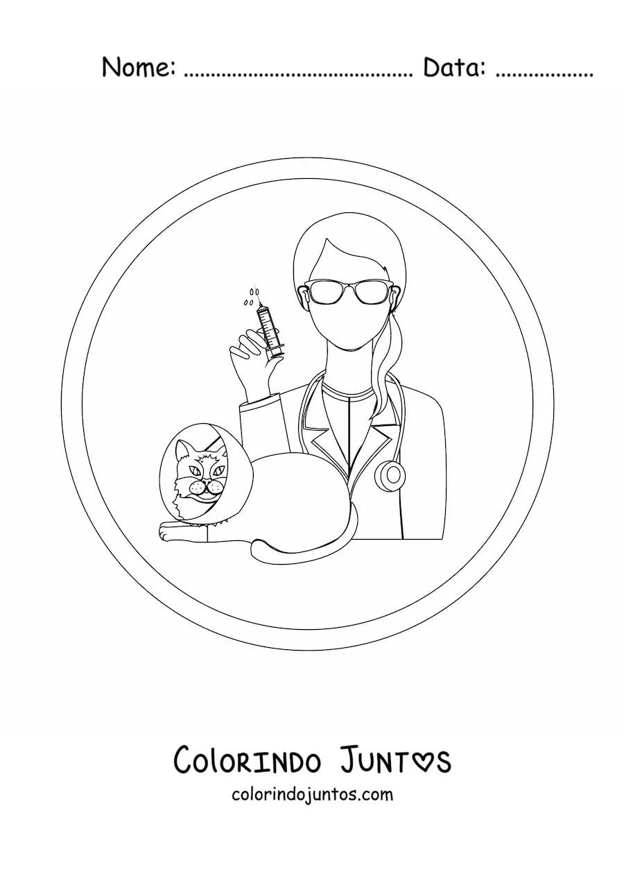 Desenho para colorir de uma veterinária e um gato com colar elizabetano