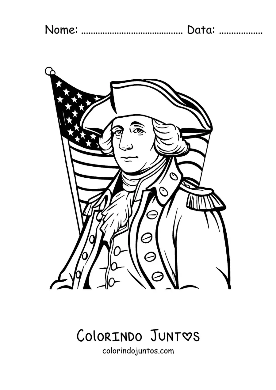 Desenho para colorir de George Washington animado com a bandeira dos Estados Unidos
