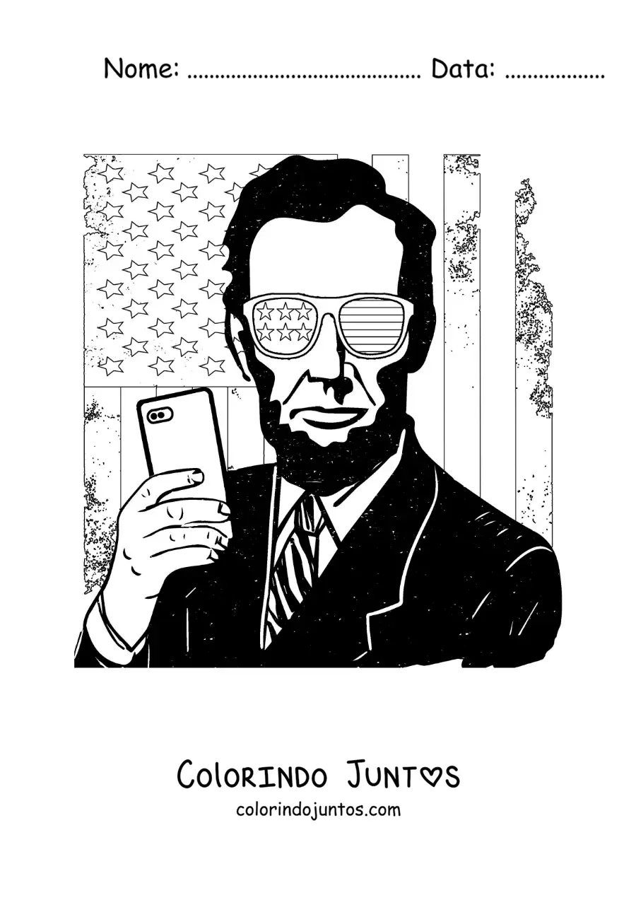 Desenho para colorir de Abraham Lincoln moderno com óculos e a bandeira dos Estados Unidos