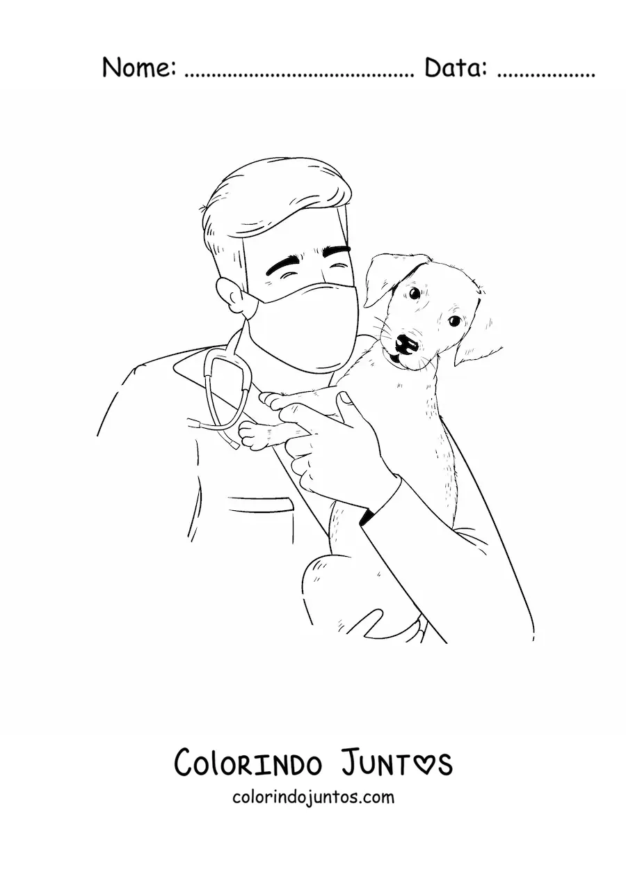 Desenho para colorir de um veterinário segurando um cachorrinho