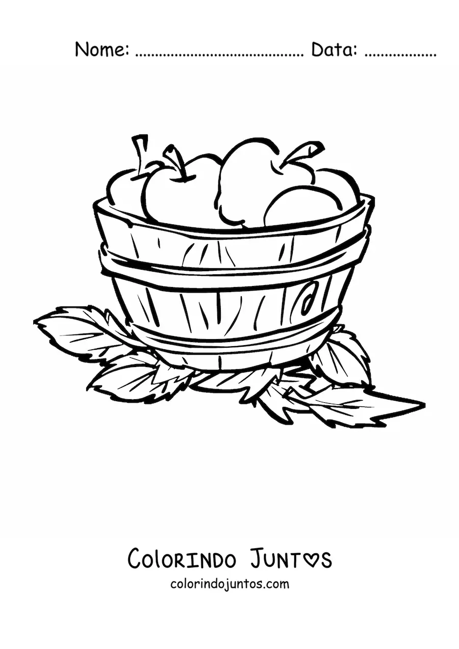 Desenho para colorir de um balde de madeira cheio de maçãs e cercado por folhas