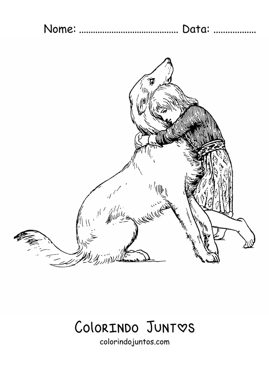 Desenho para colorir de uma menina abraçando um cachorro sentado