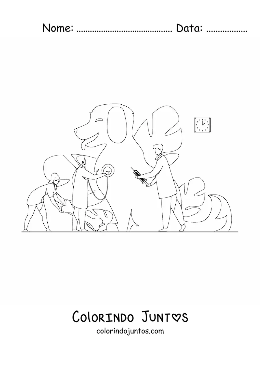 Desenho para colorir de vários veterinários curando um cachorro gigante