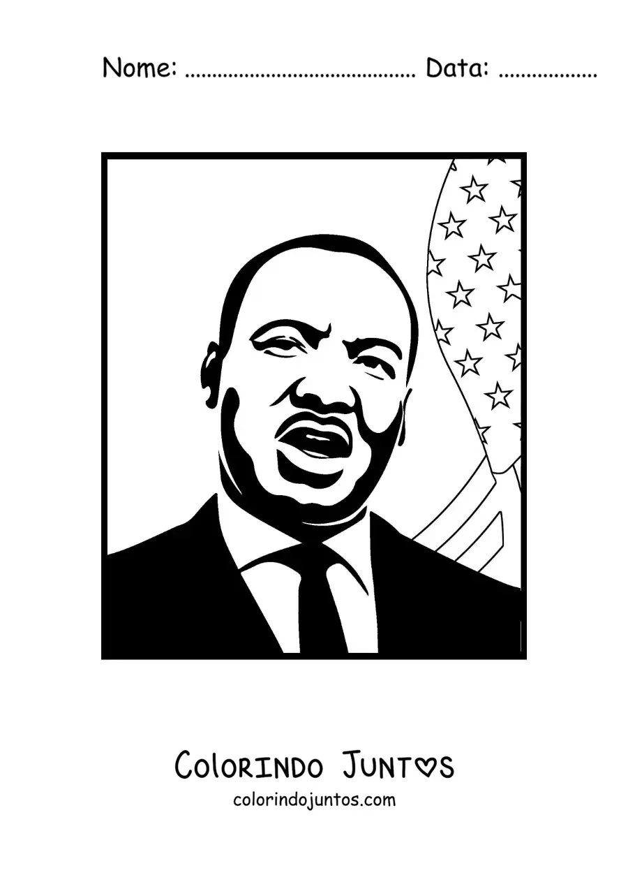 Desenho para colorir de Martin Luther King com a bandeira dos Estados Unidos